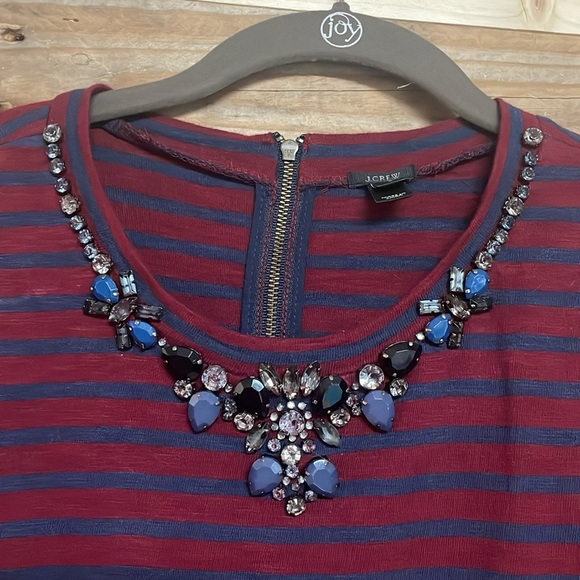 J. Crew size Small Red and Blue Striped Jeweled Crew Neckline Long Sleeve Blouse - Picture 3 of 8